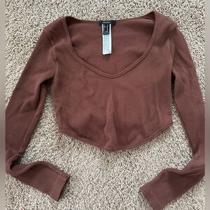 Forever 21 Brown Cuffed Sleeve Crop Blouse